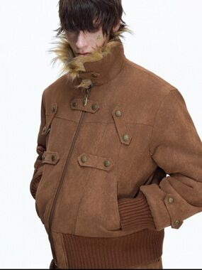 Men's Brown Faux-Suede Bomber Jacket with Fur Collar